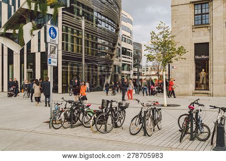 October 27, 2018. Germany, Dusseldorf. City Parking Bicycle Parked Background Building Complex Known