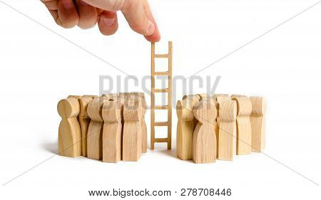 The Hand Stretches The Ladder To Two Opposing Groups Of People. Support And Resolution Of Conflict S