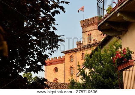 Barolo, Province Of Cuneo, Piedmont, Italy. July 2018. View Of The Castle Of Barolo, Home Of The Win