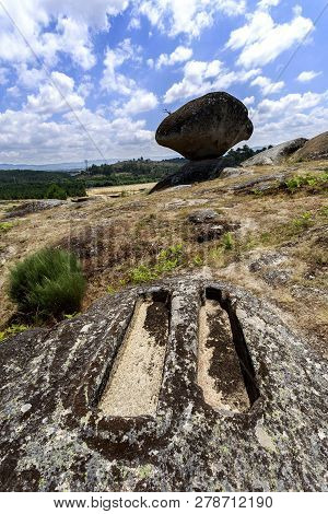 View Of A Pair Of Granite Rock Cut Anthropomorphic Grave, Body-shaped Form With Head And/or Feet Def