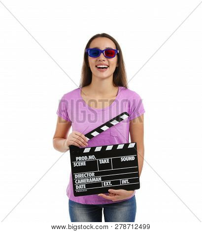 Woman With 3d Glasses And Clapperboard On White Background. Cinema Show