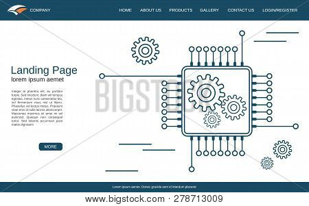 Website Landing Page Vector Template. White Background With Computer Processor Thin Line Illustratio