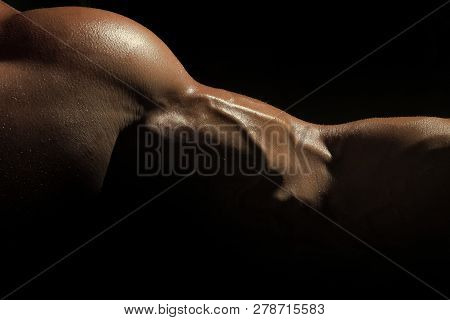 Closeup Of Sexy Tan Swollen Muscular Male Biceps Of Young Bodybuiding Man With Athlete Wet Strong Bo