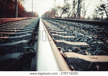 Railway Road. Rails And Cross Ties. Stones