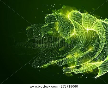 3d Magic Particles Mesh Array Over Dark, Sound Wave Flowing, Transparent Tulle Textile On Wind. Roun