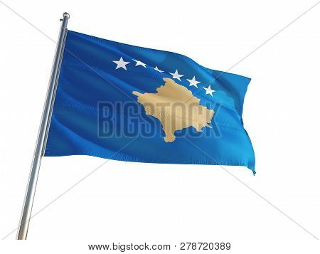 Kosovo National Flag Waving In The Wind, Isolated White Background. High Definition