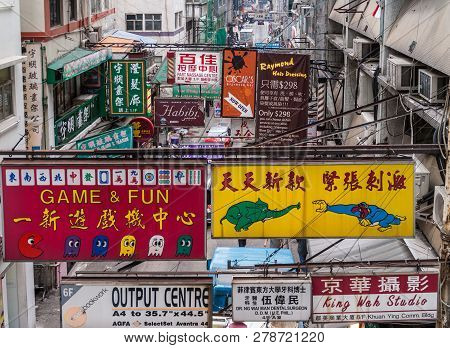 Hong Kong Island, China  - May 14, 2010: Central-mid-levels Escalators Looks Over Businesses On Coch