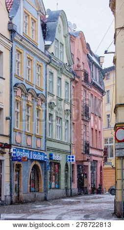 Jelenia Gora, Poland - January 15, 2019: View At Polish City Jelenia Gora Street In Snow Time While 