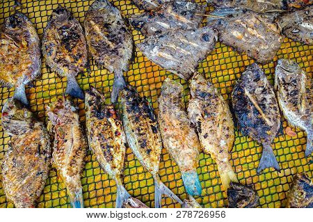 Grilled Fresh Fish In Local Market Of Kota Kinabalu,sabah Borneo,malaysia.research Has Shown That Gr