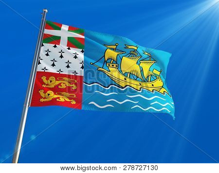 Saint Pierre And Miquelon National Flag Waving On Pole Against Deep Blue Sky Background. High Defini