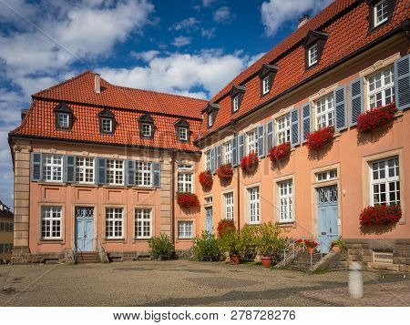 Speyer, Germany - August 17, 2017: Beautiful House At Edith-stein-platz 2-4 In Speyer With Blue Shut