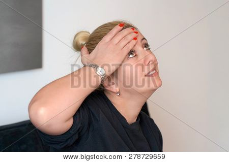 Health Problem, Stress And Depression. Elderly Woman Suffering From Headache Migraine Pain At Home O