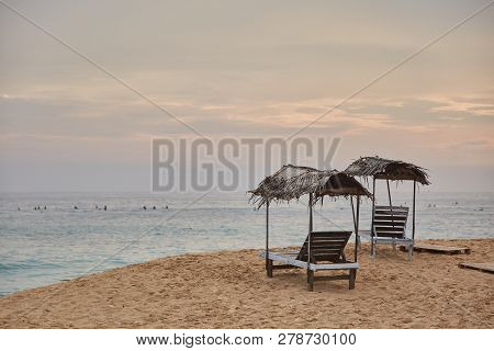 Two Sun Loungers. Midigama Beach. Sunset In The Indian Ocean. Midigama, Sri Lanka.