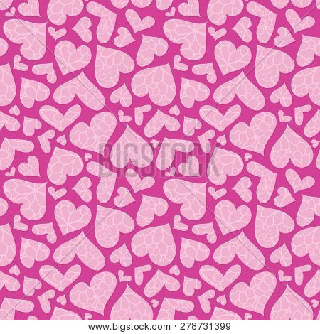 Pink Textured Hearts Vector Seamless Pattern. Great For Valentines Day Holiday Cards, Backgrounds, I