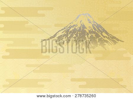 Japanese Traditional Golden Background. Mt.fuji, Ocean Wave, And Cloud. Vector Illustration.