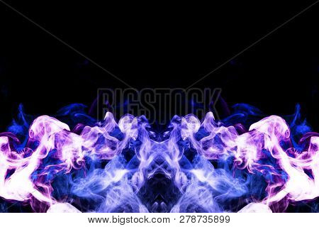 Cloud Of Blue And Pink Smoke  In The Form Of A Skull, Monster, Dragon  On A Black Isolated Backgroun