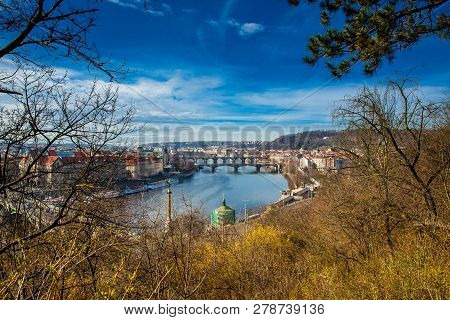 Prague City Seen From The Letna Hill In A Beautiful Early Spring Day
