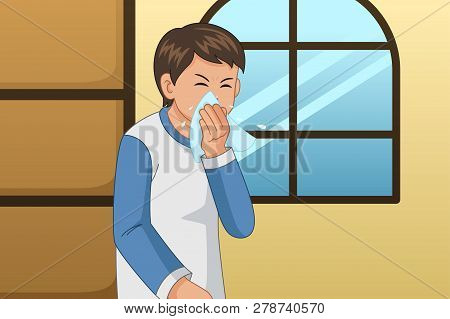 A Vector Illustration Of Sick Man Blowing His Nose On A Tissue