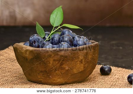 Blueberry In A Clay Cup With Green Leaves