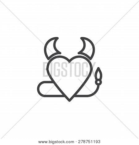 Heart With Devil Horns And A Tail Line Icon. Linear Style Sign For Mobile Concept And Web Design. De