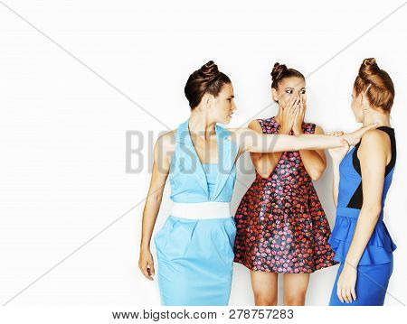 Many Girlfriends Hugging Celebration On White Background, Smilin