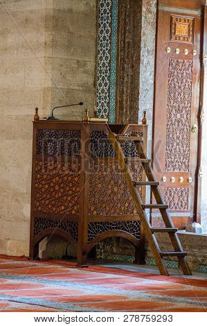 Wooden Minbar, Sermon Pulpit Of Ottoman Times In Mosque