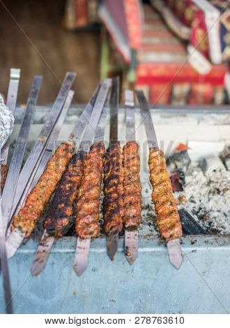 Turkish Adana/urfa Kebab Getting Ready To Be Grilled In Display