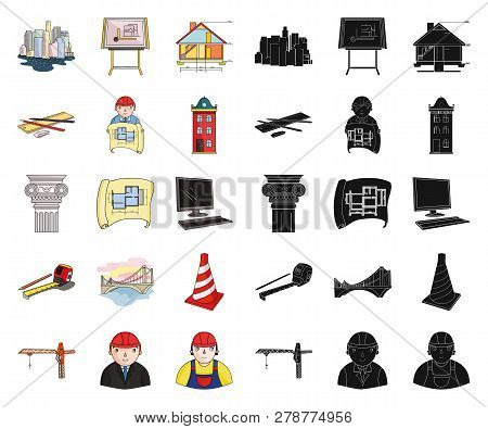 Architecture And Construction Cartoon, Black Icons In Set Collection For Design. Architect And Equip