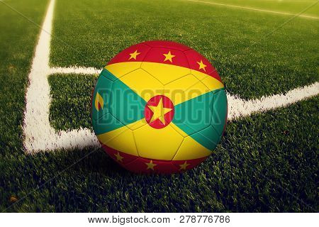Grenada Ball On Corner Kick Position, Soccer Field Background. National Football Theme On Green Gras