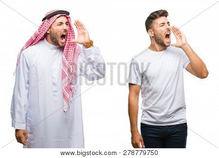 Collage of handsome young man and arab man over isolated background shouting and screaming loud to side with hand on mouth. Communication concept.