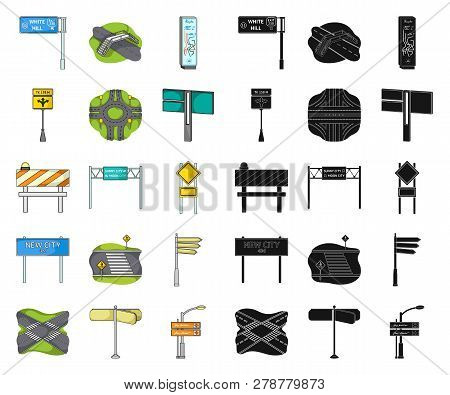Road Junctions And Signs Cartoon, Black Icons In Set Collection For Design.pedestrian Crossings And 