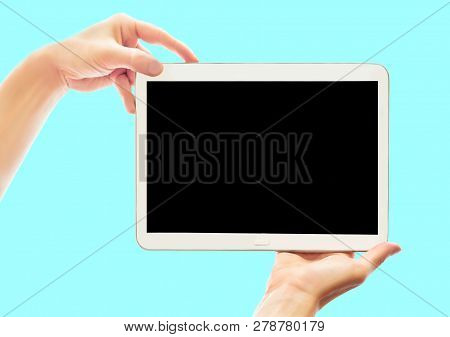 Hands Holding Tablet With Blank Screen Isolated On Pastel Background. Modern Mobile Device Device Cl