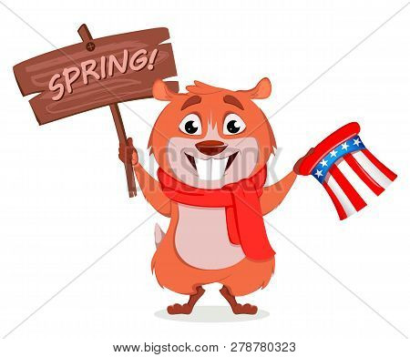 Happy Groundhog Day. Funny Marmot Holding Uncle Sam Hat And Wooden Plate. Vector Illustration On Whi