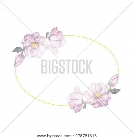 Watercolor Flowers And Leaves Wreath. Gold Frame Illustration. Ellipse And Bow Clip Art Branch For C