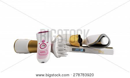 Set Of Equipment For Hair Care Hair Dryer Epilator Curling Iron Hair Straightener 3d Render On White