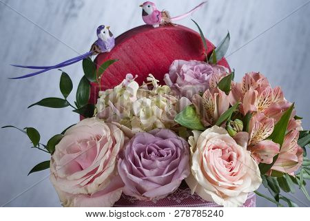 Bouqet Of Flowers In Redt Box. Nice Celebration Present. Selective Focus, Close Up. Birds Of Top Bou