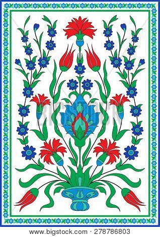 Tradirional Floral Design In Turkish Style, Carnation And Tulip Flowers