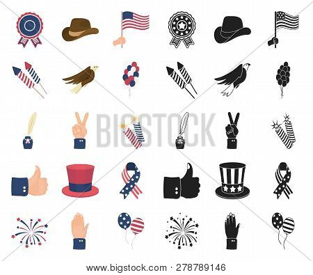 Day Of Patriot, Holiday Cartoon, Black Icons In Set Collection For Design. American Tradition Vector