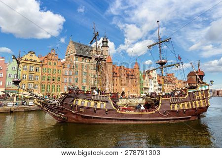 Gdansk, Poland - August 21, 2014: Galeon Lew Cruise Arriving At The City Of Gdansk. The City Is The 