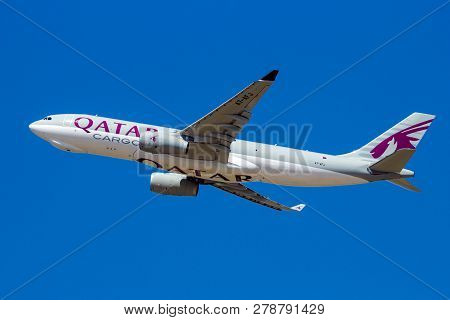 Zaragoza, Spain - May 20, 2016: Qatar Airways Cargo Airbus A330 Transport Plane Taking Off From Zara