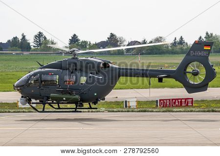 Berlin - Apr 27, 2018: New Airbus H145m Military Helicopter In Flight At The Berlin Ila Air Show.