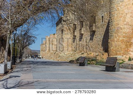 Avila, Spain - April 18, 2018: Boulevard Along The Old City Walls Of Avila, Spain