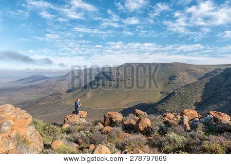 Tankwa Karoo National Park, South Africa, August 31, 2018: A Tourist At The Viewpoint In The Gannaga