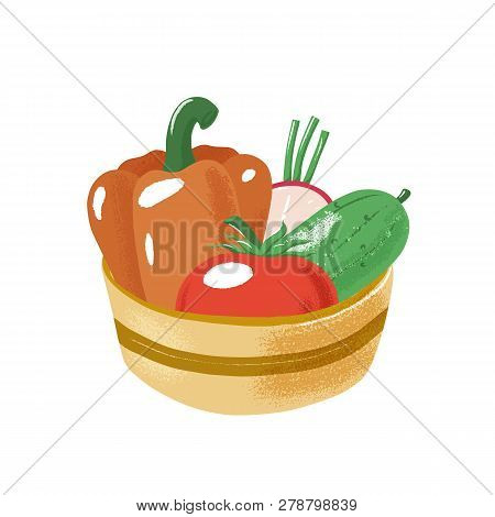 Tomato, Bell Pepper, Radish And Cucumber Sitting In Bowl, Salad Ingredients, Textured Vector Illustr
