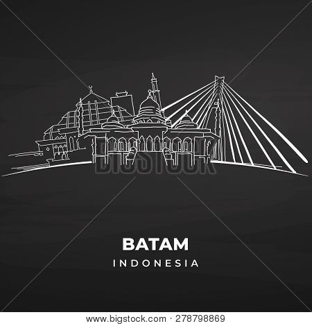 Batam Landmarks On Blackboard. Hand-drawn Vector Illustration. Famous Travel Destinations Series.