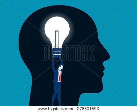 Businessman Holding Bulb And Standing In A Head. Concept Business Illustration. Vector Flat