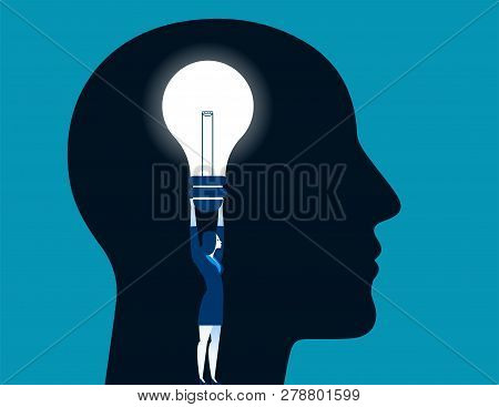 Businesswoman Holding Bulb And Standing In A Head. Concept Business Illustration. Vector Flat
