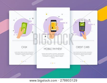 Onboarding Screens User Interface Kit For Mobile App Templates Concept Of  Payment Methods. Cash, In
