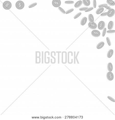American Dollar Coins Falling. Scattered Black And White Usd Small Coins. Jackpot Or Success Concept