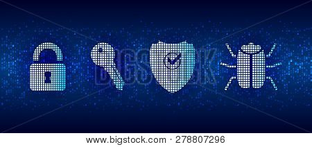 Pixel Design Padlock, Key, Shield, Hacker Bug Icon. Abstract Mosaic Technology Background For Websit